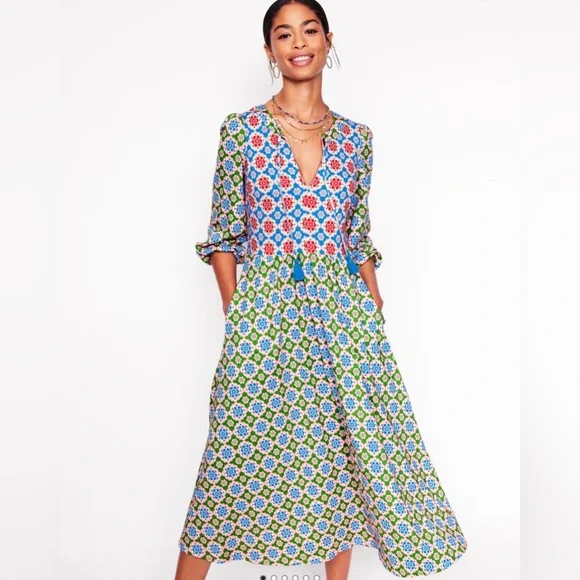 knee length dresses for ladies Ava Linen Blend Midi Dress-Blue Embroidery main image 1